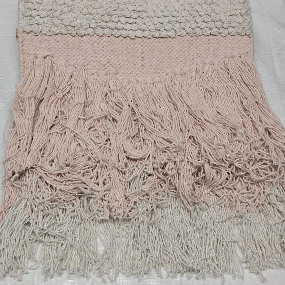 Vintage Handcrafted Macrame Tapestry Pink Wall Hanging Boho Decor Cottagecore
